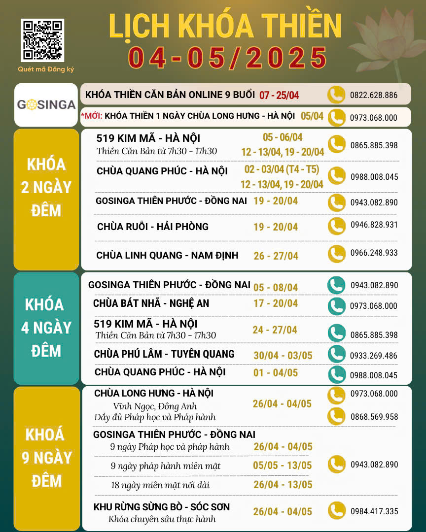 Khóa thiền tháng 4-5/2025
